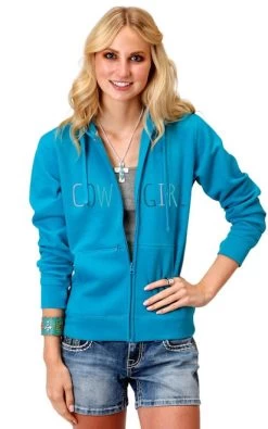 Roper Cowgirl Zip Hoodie With Thumb Holes -Equi Gear Shop cowgirl hoodie thumb holes blue front 0309805144033 roper 38109.1653413363