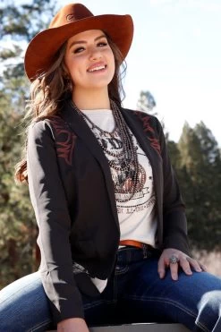 Cruel Denim Embroidered Blazer -Equi Gear Shop embroidered blazer brown front CWJ7274003 miller international 33213.1691012405