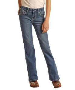 Girls Rock & Roll Cowhide Trim Bootcut Jean 6 Girls Rock & Roll Cowhide Trim Bootcut Jean -Equi Gear Shop girls cowhide trim jean front RRGD4MR108 BZ RR 33654.1678746163