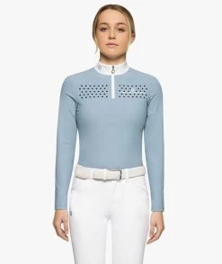 Girls Cavalleria Toscana Flock Dot Polo Long Sleeve -Equi Gear Shop girls flock dot polo blue front POA077 JE152 7C00 CT 36963.1659719955