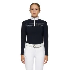 Girls Cavalleria Toscana Flock Dot Polo Long Sleeve -Equi Gear Shop kid flock print polo navy front POA077 JE152 7901 cavalleria toscana 99751.1656797677