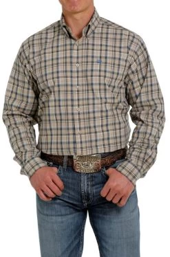 Cinch Plaid Button Down Shirt Long Sleeve -Equi Gear Shop plaid button ls khaki front MTW1105327 cinch 81023.1655495182